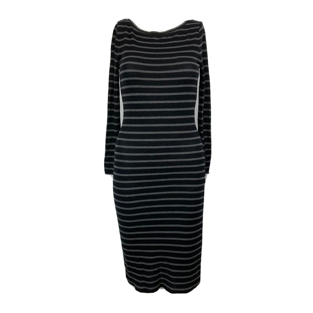 BCBG Maxazria Dress Womens Sz‎ XS Black Gray Knit Stretch Long Sleeve Midi